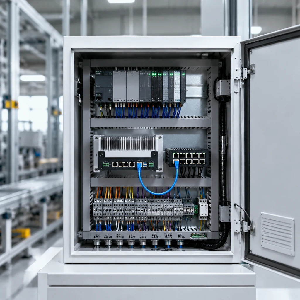 工业控制柜内的 PLC、边缘网关与多协议设备连接